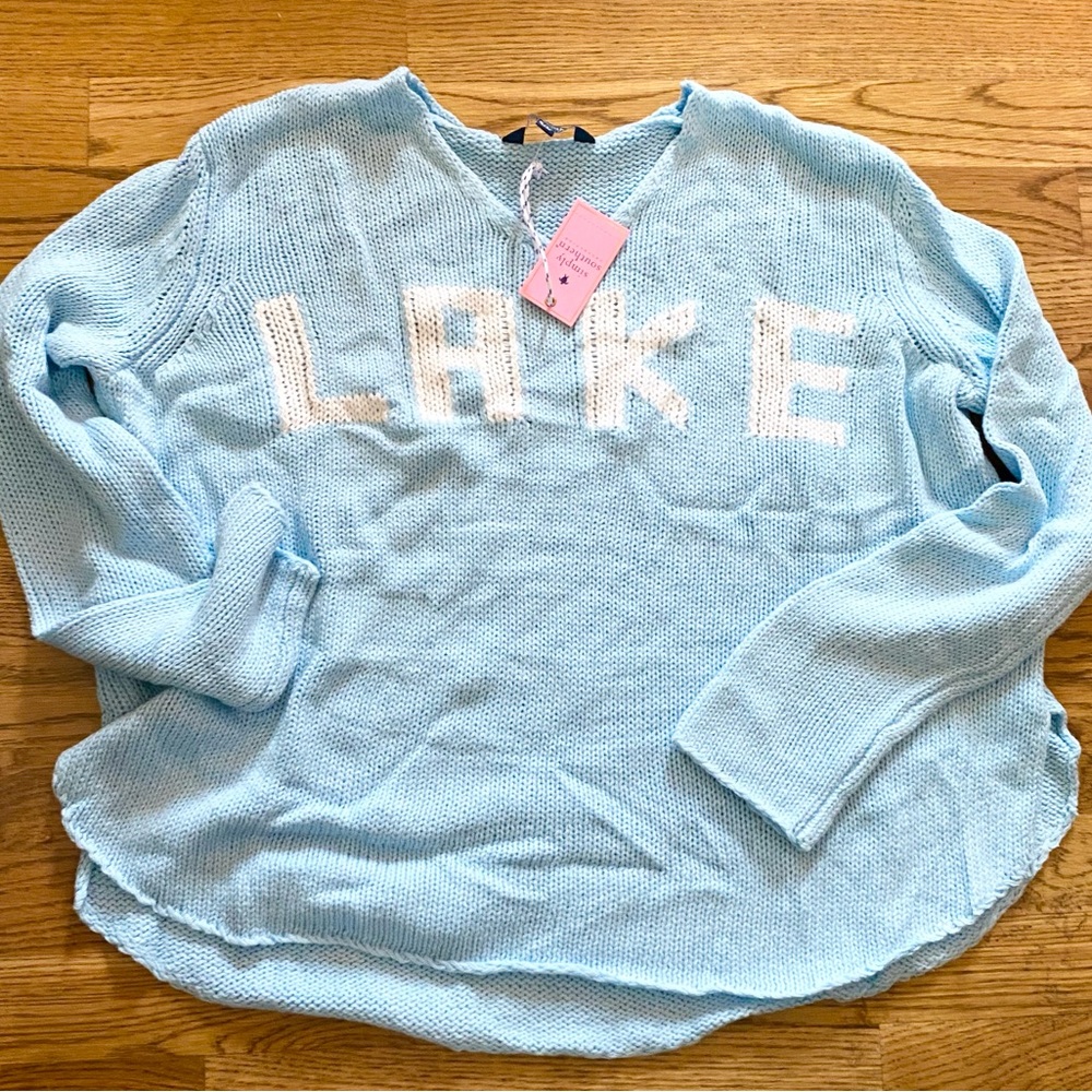 Simply Souther Light Blue Knit Sweater with 'LAKE' Design